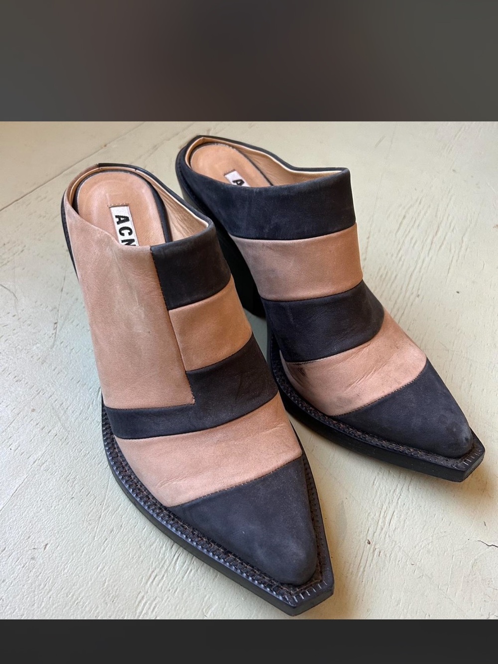 Very rare Acne Two-Tone Black and Beige Striped Pointed Mules
